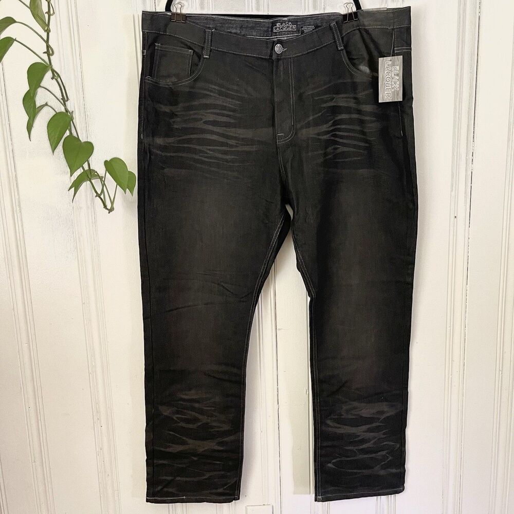 Black Lacquer Men Black Dark Wash Faded Tiger Stripe Effect Denim Jeans Sz46 NWT